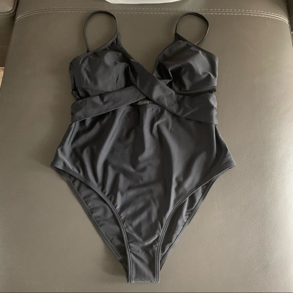 NEW Black Solid Mesh Wrap Front Cutout One Piece Swimsuit Size Large - Picture 7 of 10